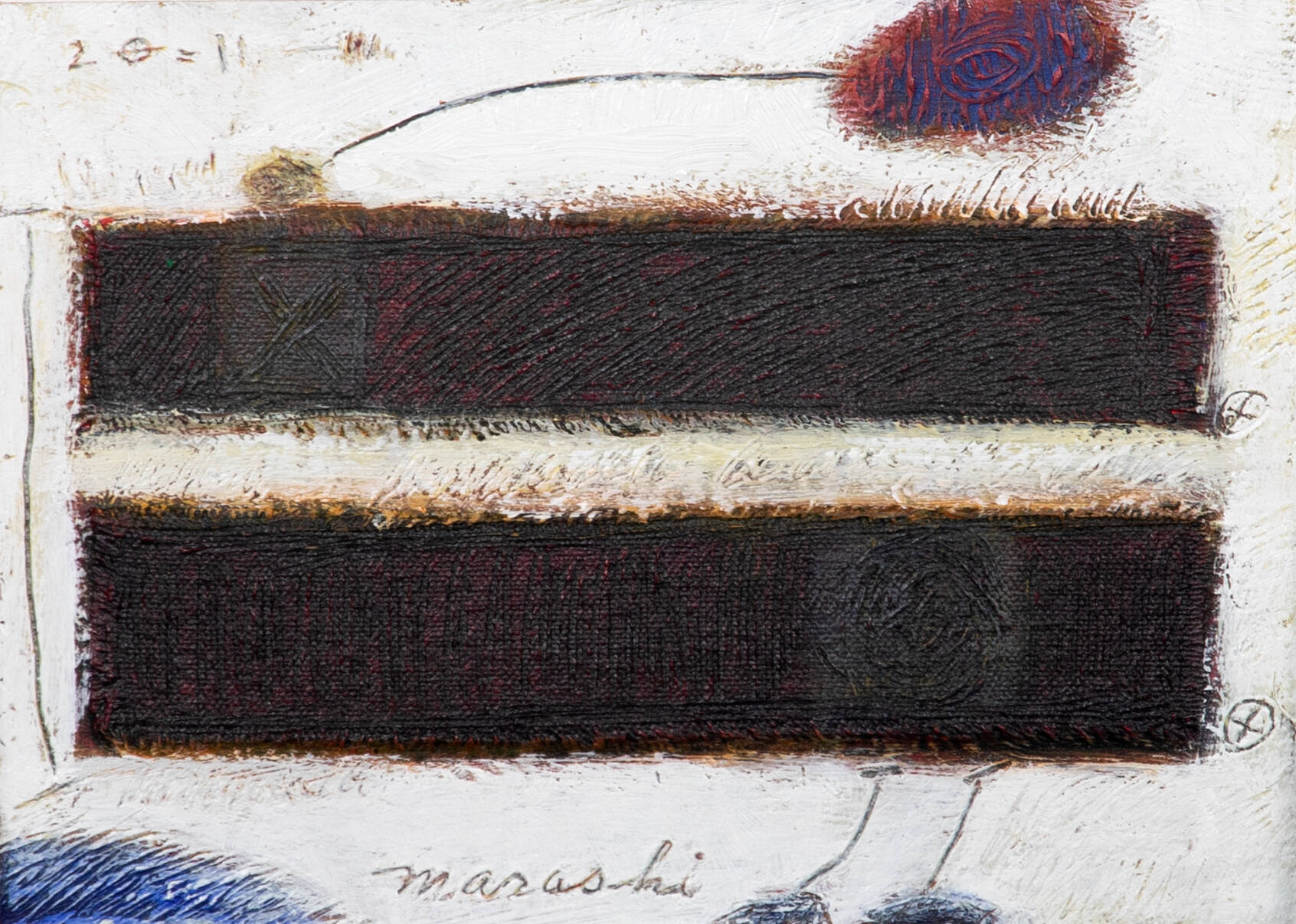 Abstract painting of two solid, thick dark lines stacked on top of eachother with other markings around them.